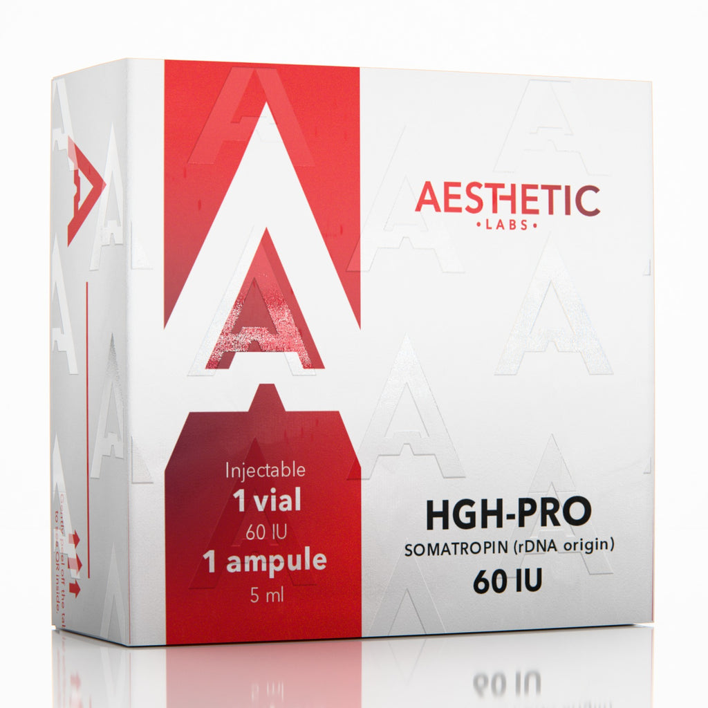 Kit HGH PRO 60 IU Aesthetic Labs con vial de somatropina liofilizada y agua bacteriostática 5ml para Onire Beauty.
