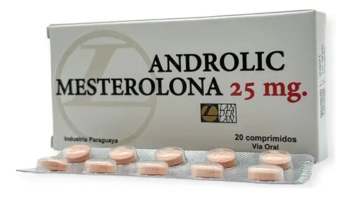 Androlic Landerlan 25 mg (Mesterolona / Proviron) con 20 comprimidos. Producto de grado farmacéutico original de Paraguay, esencial para aumentar la testosterona libre y la dureza muscular en México.