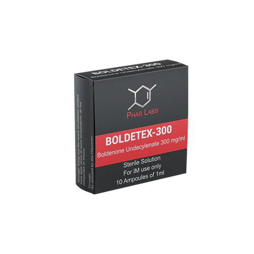 Caja de Boldetex-300 de Phar Labs Silver Line conteniendo 10 ampollas de 1 ml de Undecilenato de Boldenona (300 mg/ml) para estética y vascularidad.