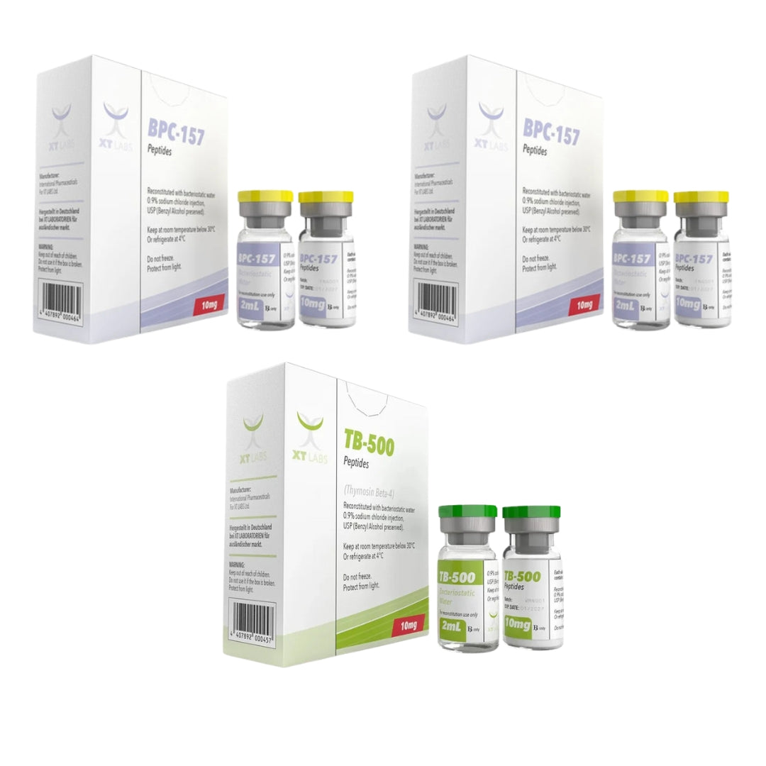 Kit de recuperación XT Labs: 2 viales de BPC-157 y 1 vial de TB-500 de 10mg. Protocolo completo para regeneración de tendones, ligamentos y fibras musculares en México.