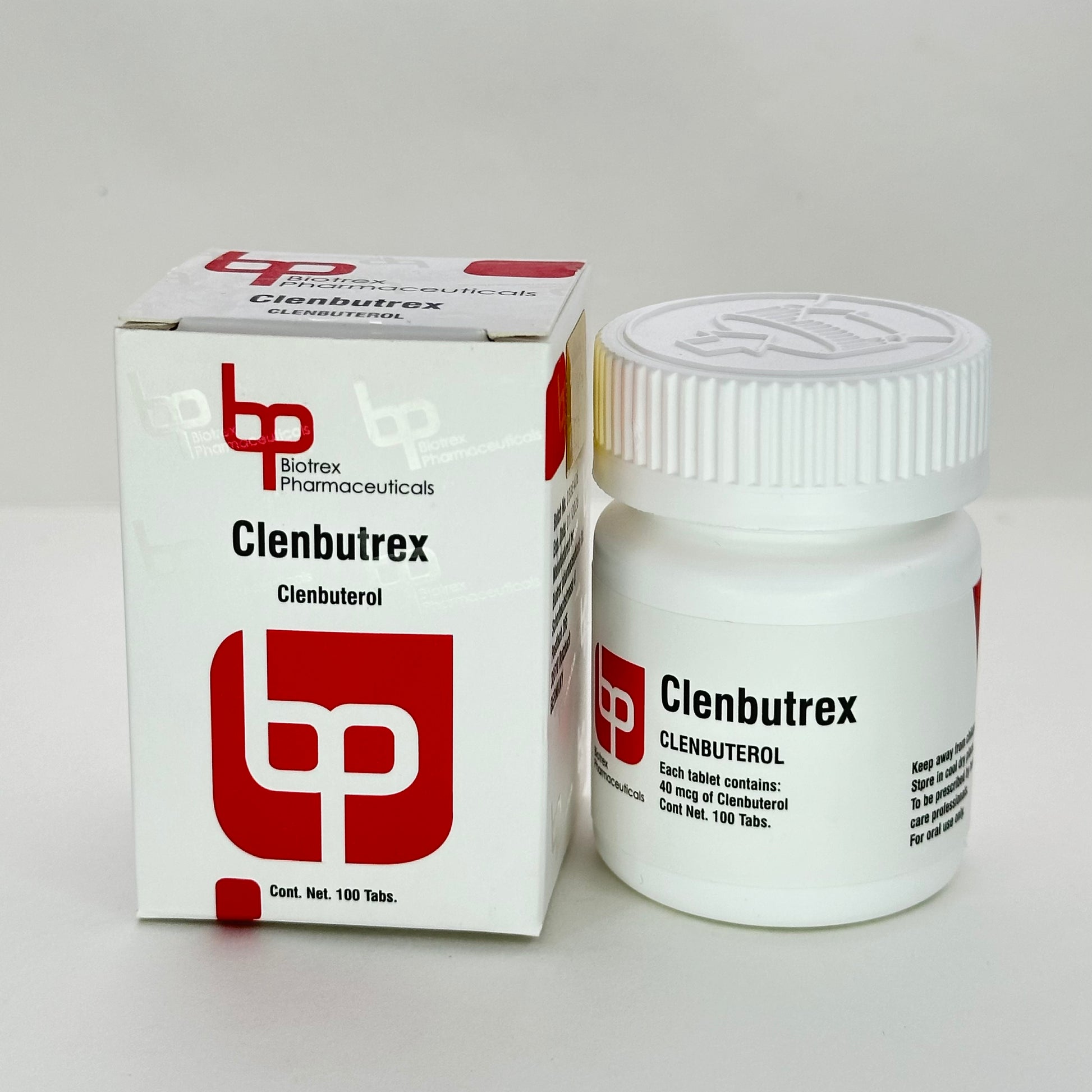 Bote de Clenbutrex 40 mcg con 100 tabletas de Biotrex Pharmaceuticals, potente termogénico y quemador de grasa para definición muscular.