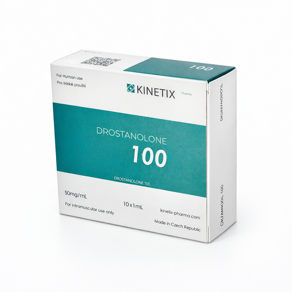 Drostanolone Propionate Kinetix Pharma con 10 ámpulas de 1 ml. Masteron de 100 mg/ml de grado farmacéutico fabricado en la República Checa para dureza muscular y definición extrema.