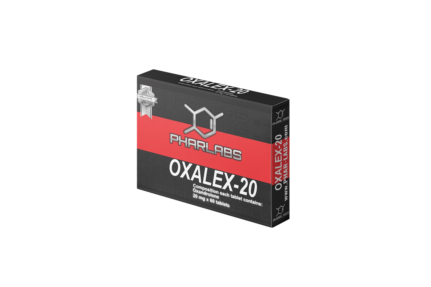 Oxalex-20 de Phar Labs Silver Line con 60 tabletas de 20 mg de oxandrolona (Anavar) para fuerza y definición muscular magra.