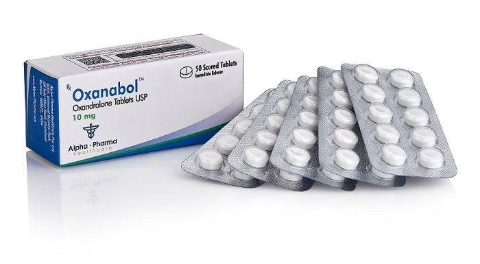 Caja de Oxanabol 10 mg Alpha Pharma Healthcare 50 tabletas - Oxandrolona grado farmacéutico original.