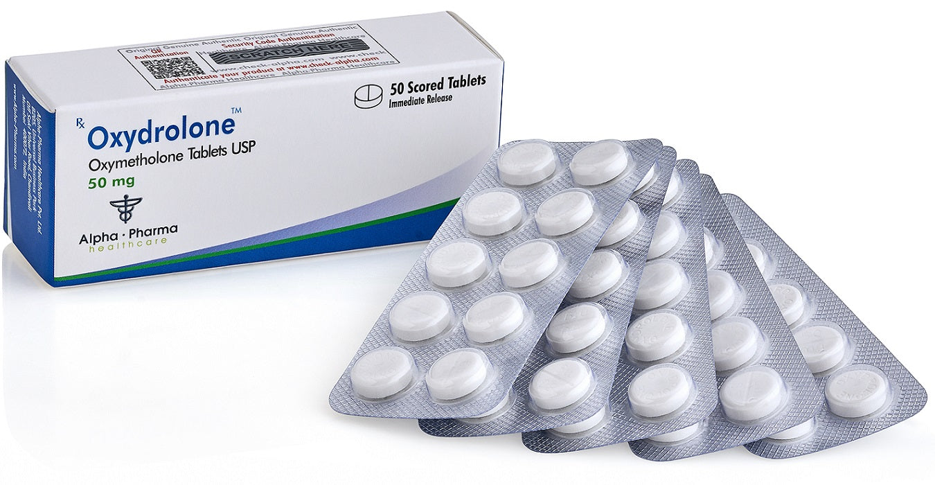 Caja de Oxydrolone 50 mg Alpha Pharma Healthcare 50 tabletas - Oximetolona grado farmacéutico potente.