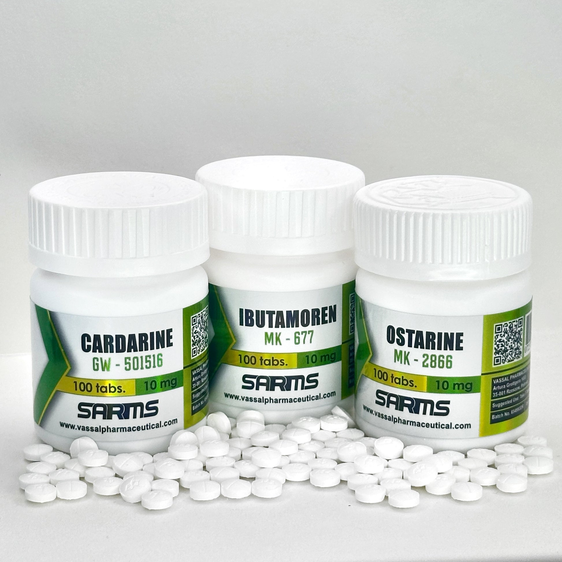 Stack Recomposición y Vitalidad Vassal Pharmaceutical: Ibutamoren 10mg, Ostarine 10mg y Cardarine 10mg. Paquete de 300 tabletas para ganar músculo magro, quemar grasa y mejorar la recuperación con dosis de 2 tabletas diarias en México.