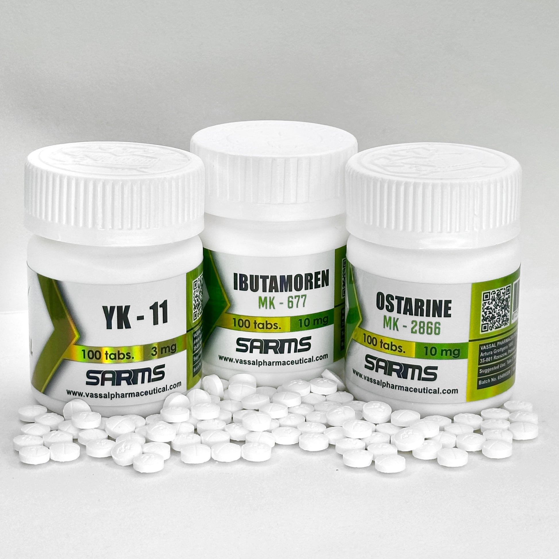 Stack Mutación y Crecimiento Vassal Pharmaceutical: YK-11 3mg, Ibutamoren 10mg y Ostarine 10mg. Paquete de 300 tabletas para crecimiento muscular extremo, inhibición de miostatina y fuerza con dosis de 2 tabletas diarias en México.