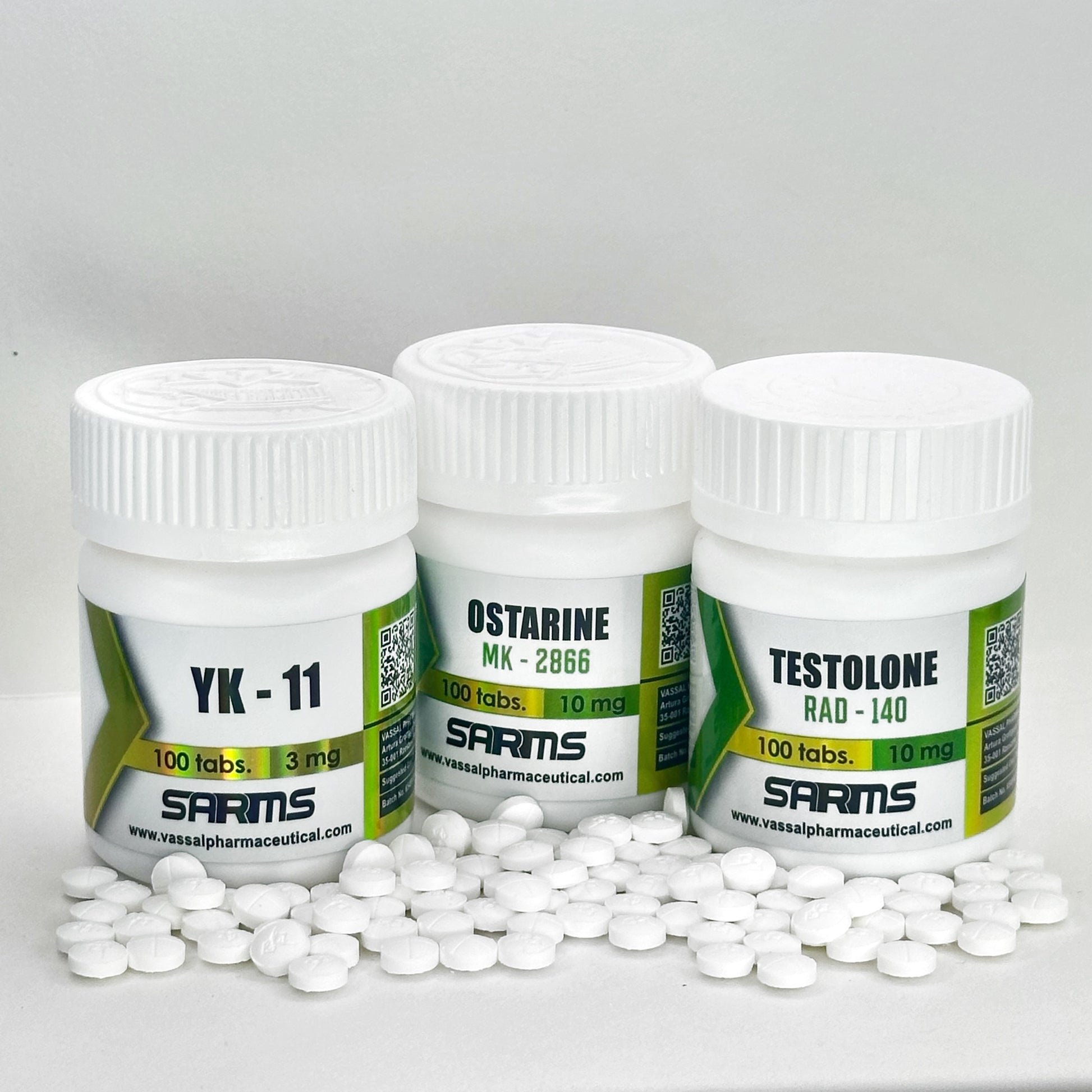 Stack Mutación Intensiva Vassal Pharmaceutical: YK-11 3mg, Testolone 10mg y Ostarine 10mg. Paquete de 300 tabletas diseñado para un ciclo de alta potencia con dosis de 2 tabletas diarias para resultados rápidos en México.