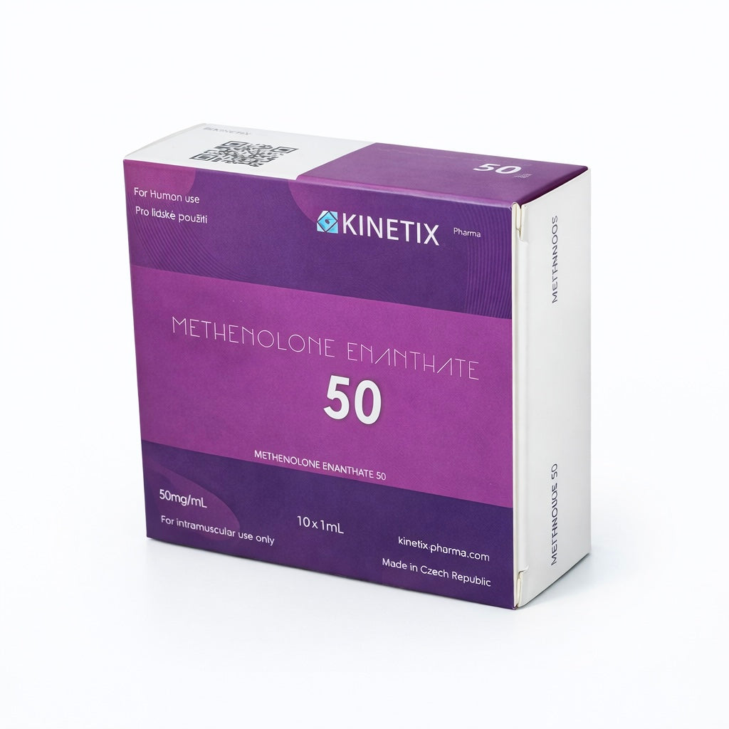 Primobolan Kinetix Pharma con 10 ámpulas de 1 ml. Enantato de Metenolona de 50 mg/ml de grado farmacéutico checo para masa muscular magra y definición segura.