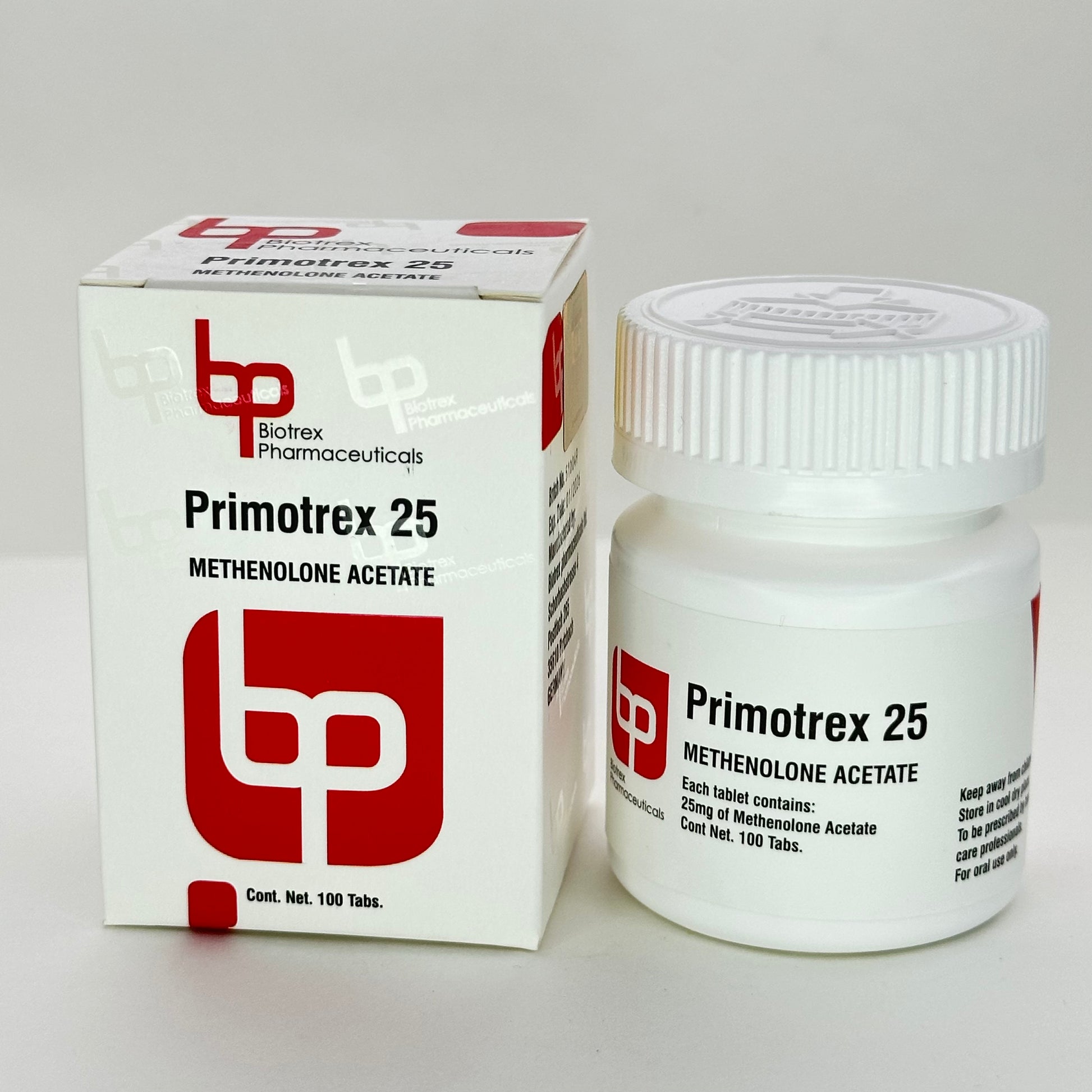 Bote de Primotrex 25 mg con 60 tabletas de Biotrex Pharmaceuticals, suplemento de metenolona acetato para definición muscular de alta calidad.