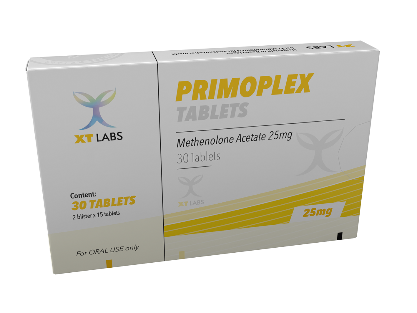 Primoplex XT Labs 25mg, 30 tabletas de acetato de metenolona original (Primobolan oral), ideal para definición muscular y fuerza magra en hombres y mujeres en México.