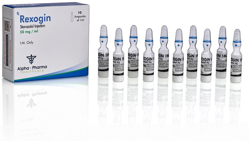 Ampolleta de Rexogin 50 mg Alpha Pharma Healthcare - Winstrol Depot inyectable original grado farmacéutico India.