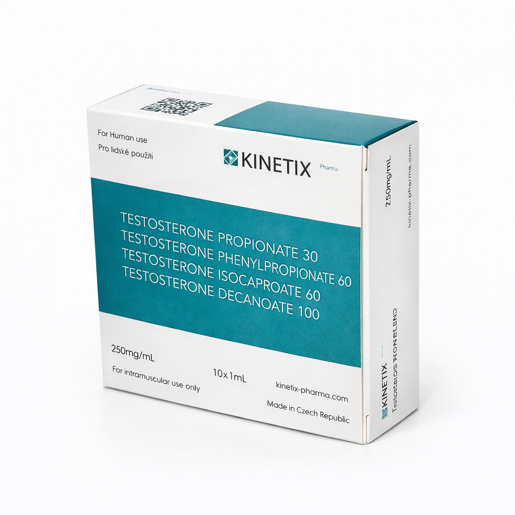 Sostenon (Sustanon) Kinetix Pharma con 10 ámpulas de 1 ml. Mezcla de 4 testosteronas de 250 mg/ml de grado farmacéutico checo para volumen masivo y fuerza.