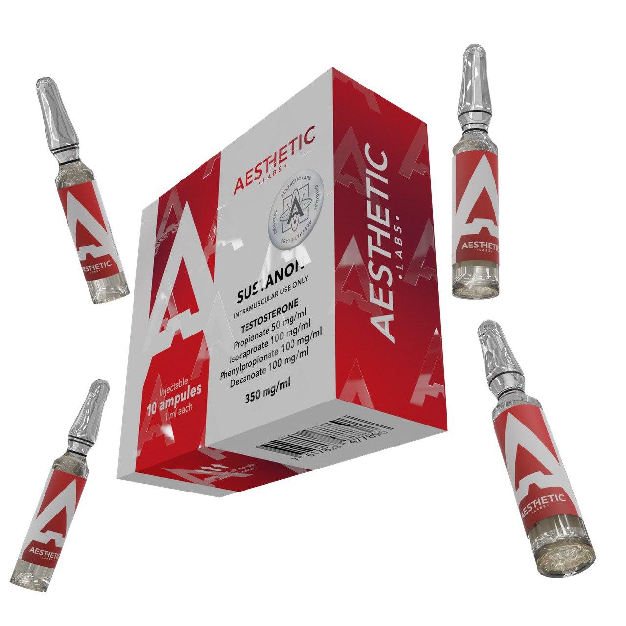 Caja de Sustanon 350mg Aesthetic Labs con 10 ampolletas de 1ml, mezcla de 4 ésteres de testosterona para volumen y fuerza, original en México.