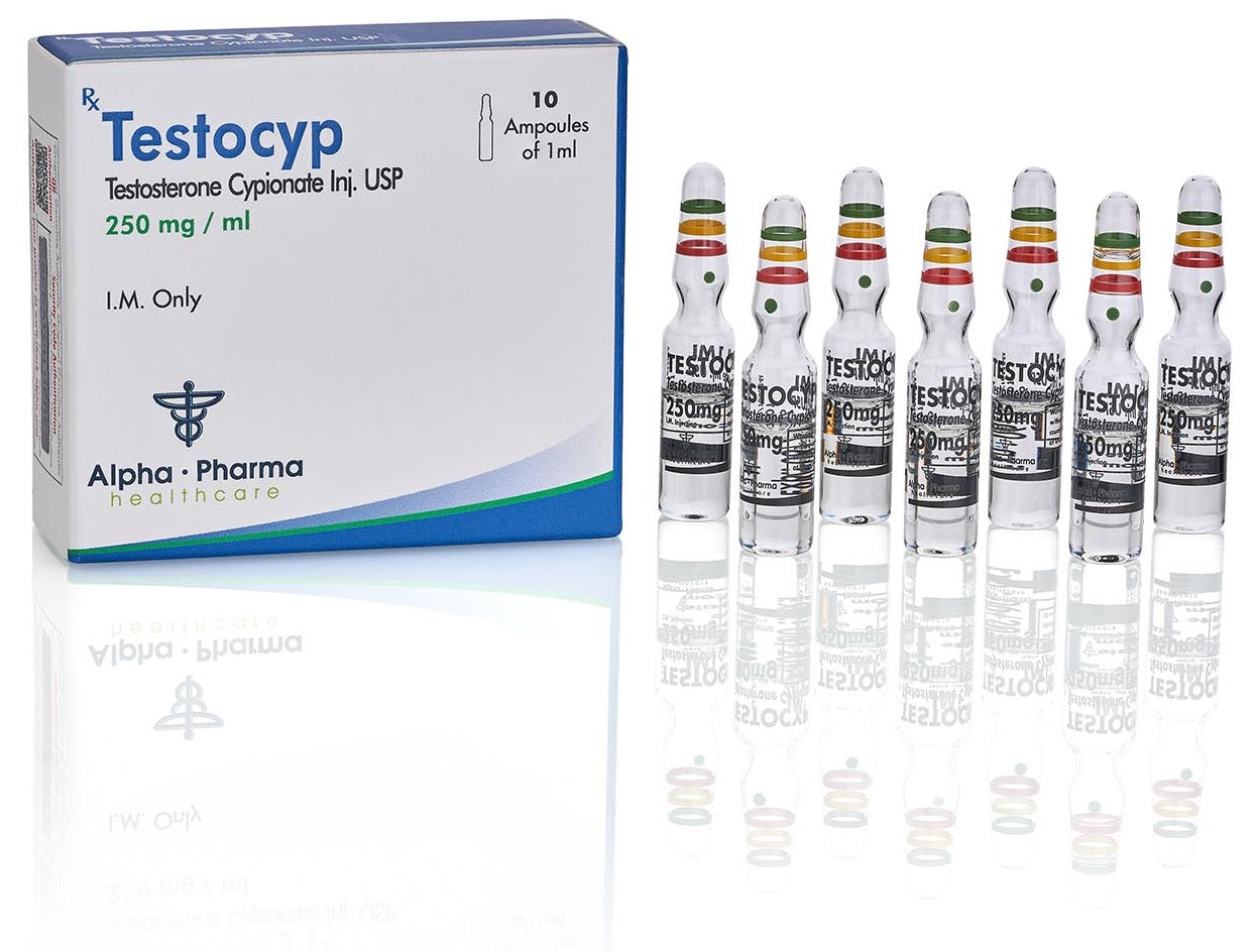 Ampolleta de Testocyp 250 mg Alpha Pharma Healthcare - Cipionato de Testosterona original grado farmacéutico India.