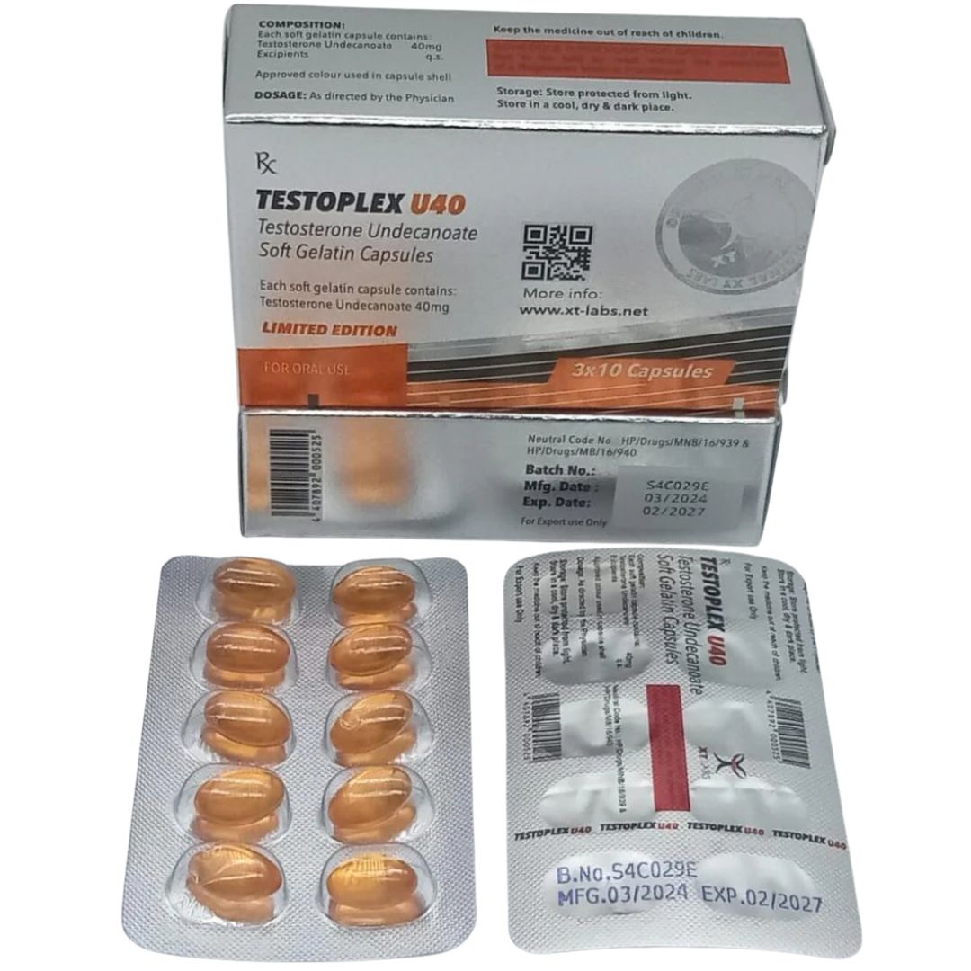 Testoplex U40 XT Labs, 30 cápsulas de gel de Undecanoato de Testosterona 40mg. El mejor formato de testosterona oral para TRT y optimización hormonal en México.