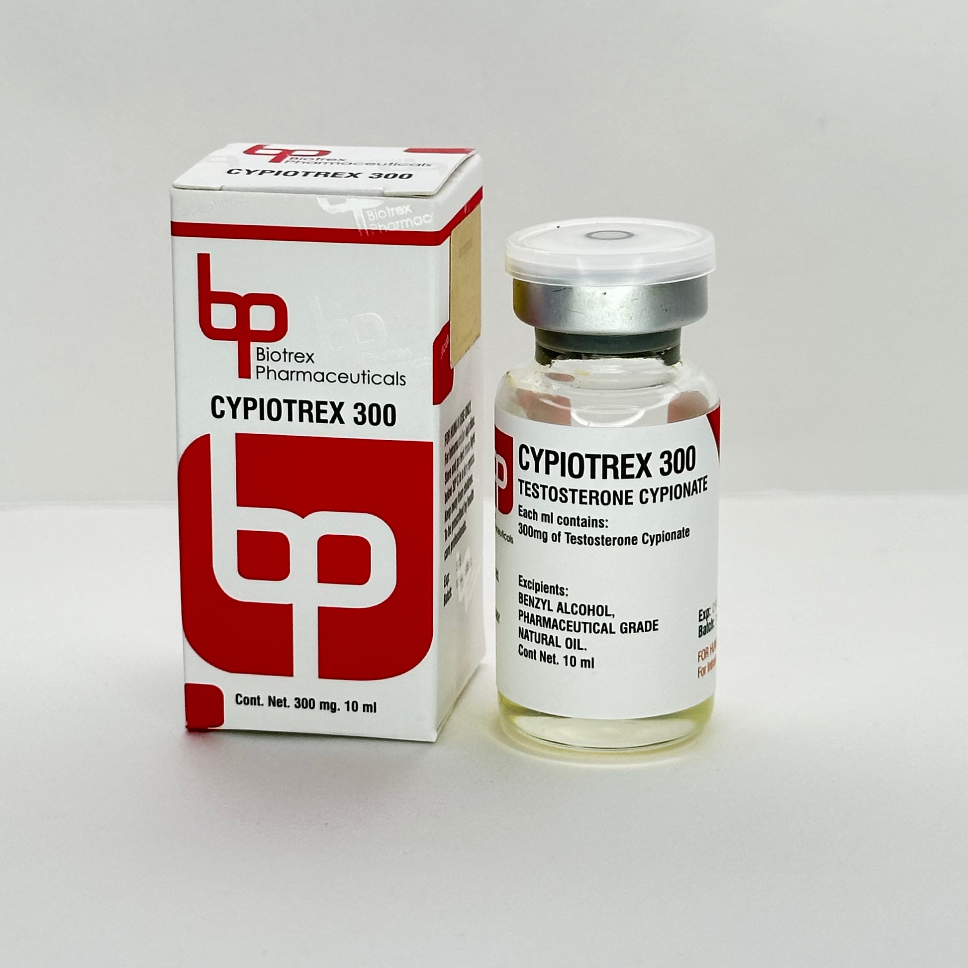 Vial de Cypiotrex 300 mg/ml de 10 ml de Biotrex Pharmaceuticals, cipionato de testosterona inyectable para ciclos de volumen y fuerza muscular.