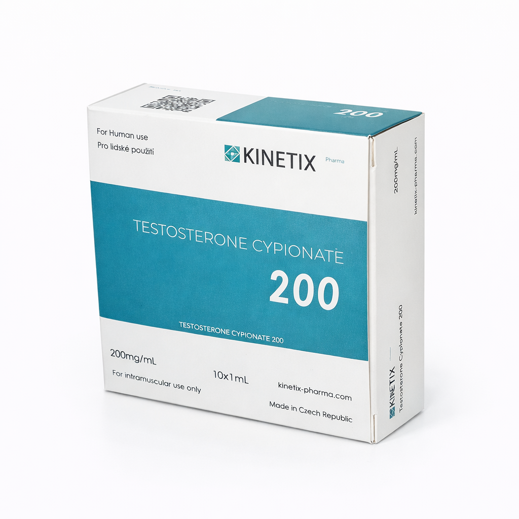 Testosterona Cypionato Kinetix Pharma con 10 ámpulas de 1 ml. Concentración de 200 mg/ml de grado farmacéutico checo para estabilidad hormonal y desarrollo muscular.