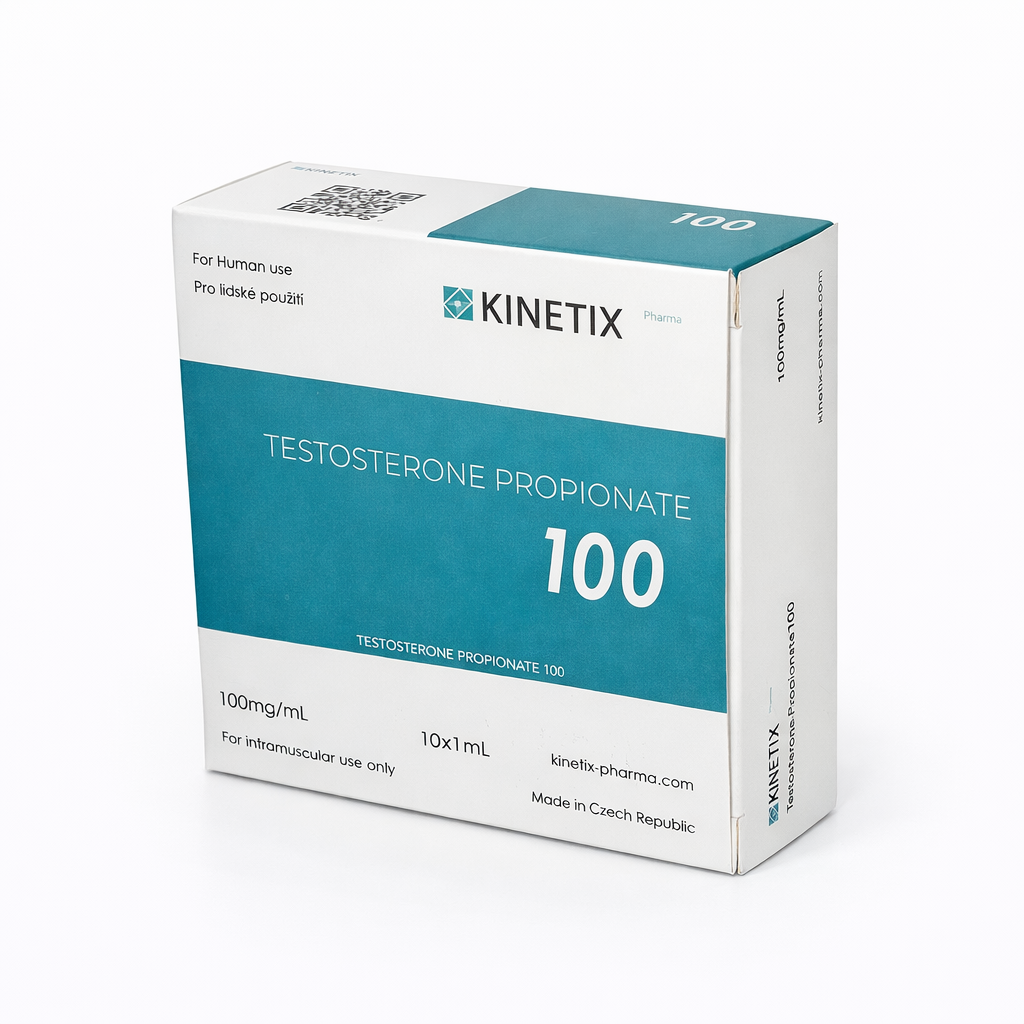 Testosterone Propionate Kinetix Pharma con 10 ámpulas de 1 ml. Concentración de 100 mg/ml de grado farmacéutico checo para fuerza inmediata, definición y masa magra.