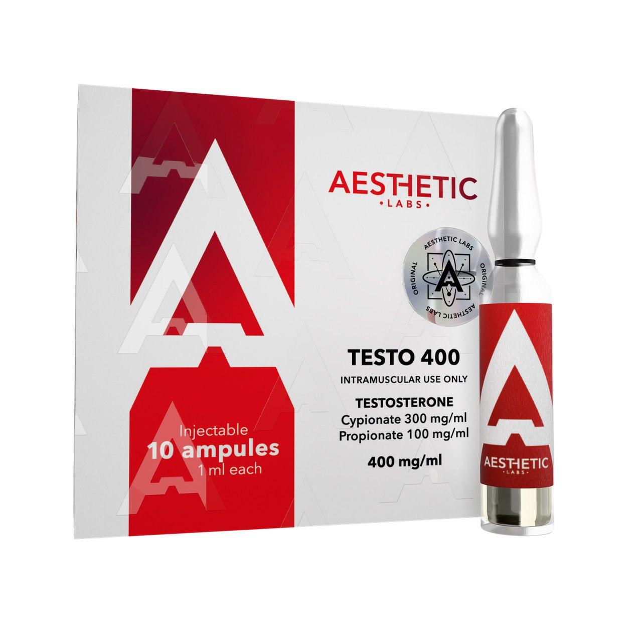 Testo 400 Aesthetic Labs, mezcla de Cipionato 300mg y Propionato 100mg, 10 ampollas de 1ml para volumen y fuerza, producto original en México.