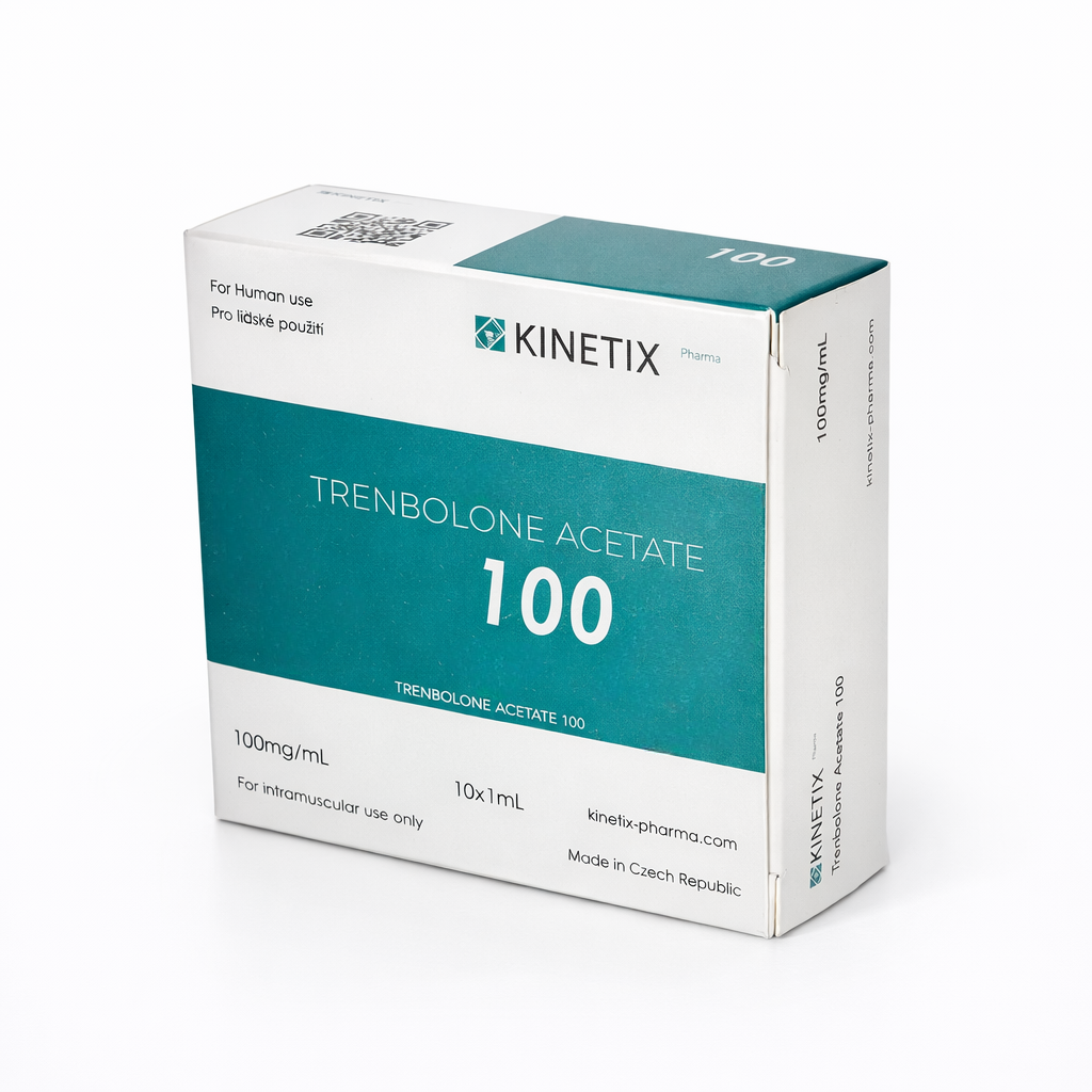 Trenbolone Acetate Kinetix Pharma con 10 ámpulas de 1 ml. Concentración de 100 mg/ml de grado farmacéutico checo para fuerza extrema, dureza muscular y definición.