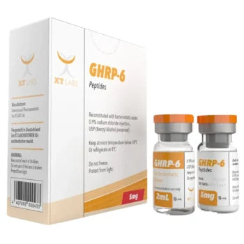Kit de GHRP-6 XT Labs 5 mg con vial de agua bacteriostática de 2 ml. El péptido estimulador de la hormona del crecimiento y el apetito más efectivo en México para volumen y recuperación.