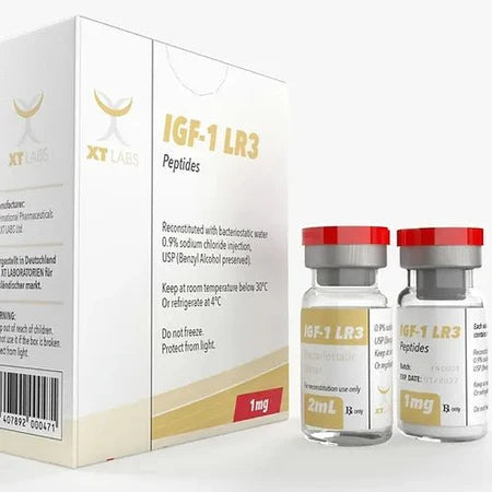 IGF1-LR3 XT Labs 1 mg con agua bacteriostática de 2 ml. El péptido de crecimiento muscular y creación de fibras más potente disponible en México.