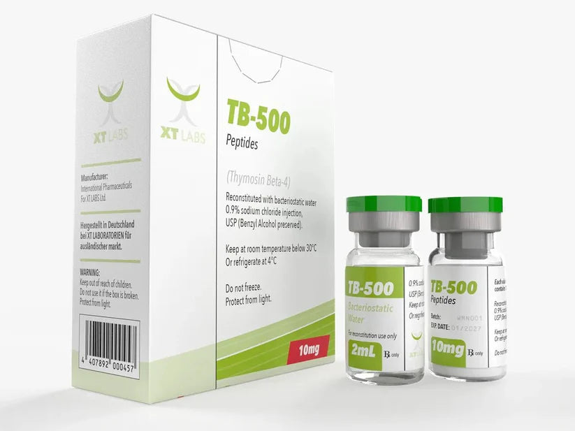 Kit de TB-500 XT Labs 10 mg con vial de agua bacteriostática de 2 ml. El péptido de reparación sistémica más avanzado para regenerar músculos, vasos sanguíneos y ligamentos en México.