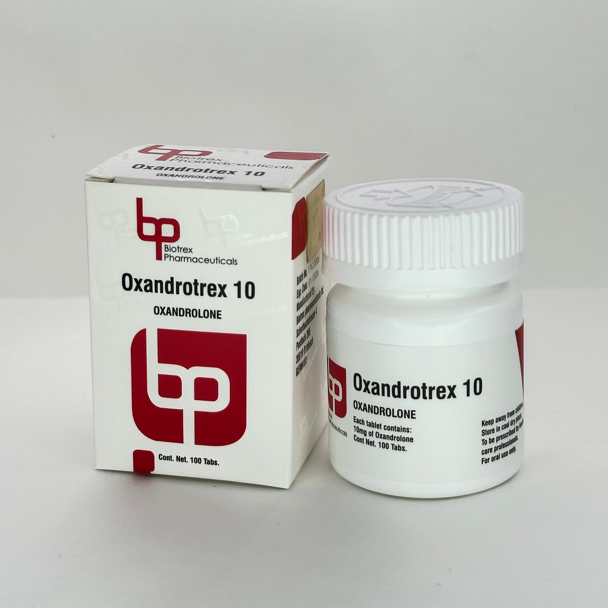 Bote de Oxandrolona 10 mg con 100 tabletas de Biotrex Pharmaceuticals, esteroide oral Anavar para definición muscular y fuerza magra.